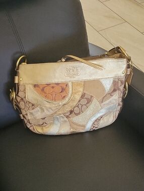Coach Patchwork Signature Shoulder Bag in Gold and Tan